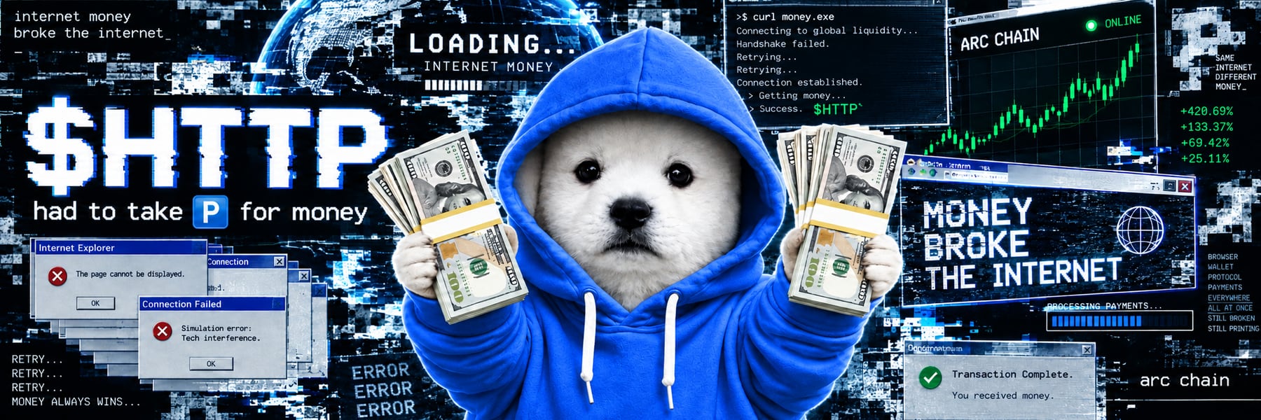 $HTTP banner: had to take P for money, the hooded puppy holding cash between a broken Internet Explorer desktop and a green Arc Chain candlestick chart.