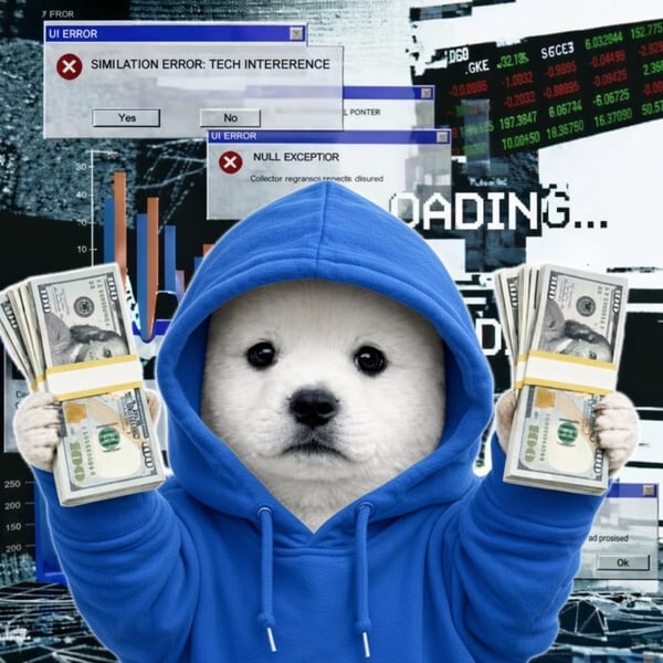 The $HTTP mascot: a white puppy in a white hoodie holding two stacks of hundred dollar bills in front of a wall of glitching error windows.